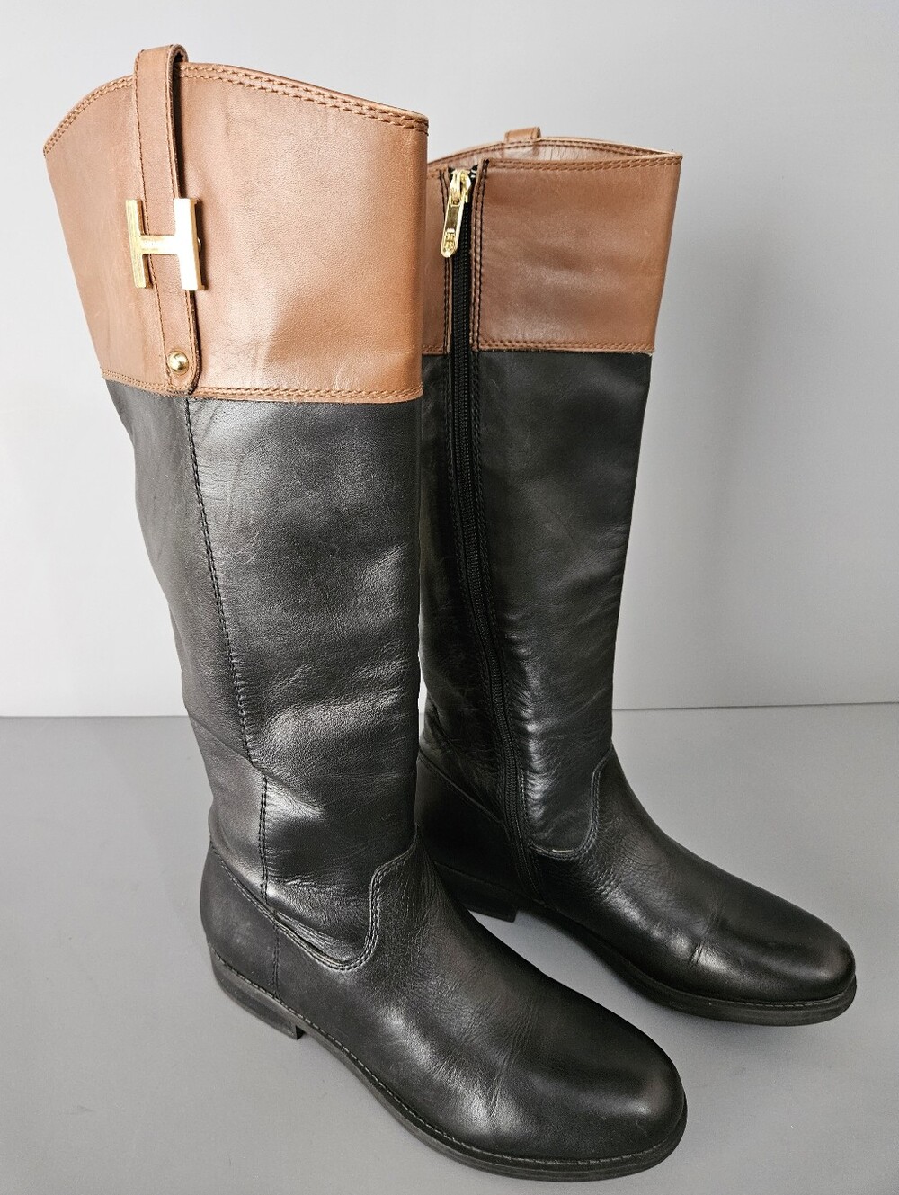 Tommy Hilfiger Size 7 Shyenne Tall Riding Leather Boots Black Brown Women's